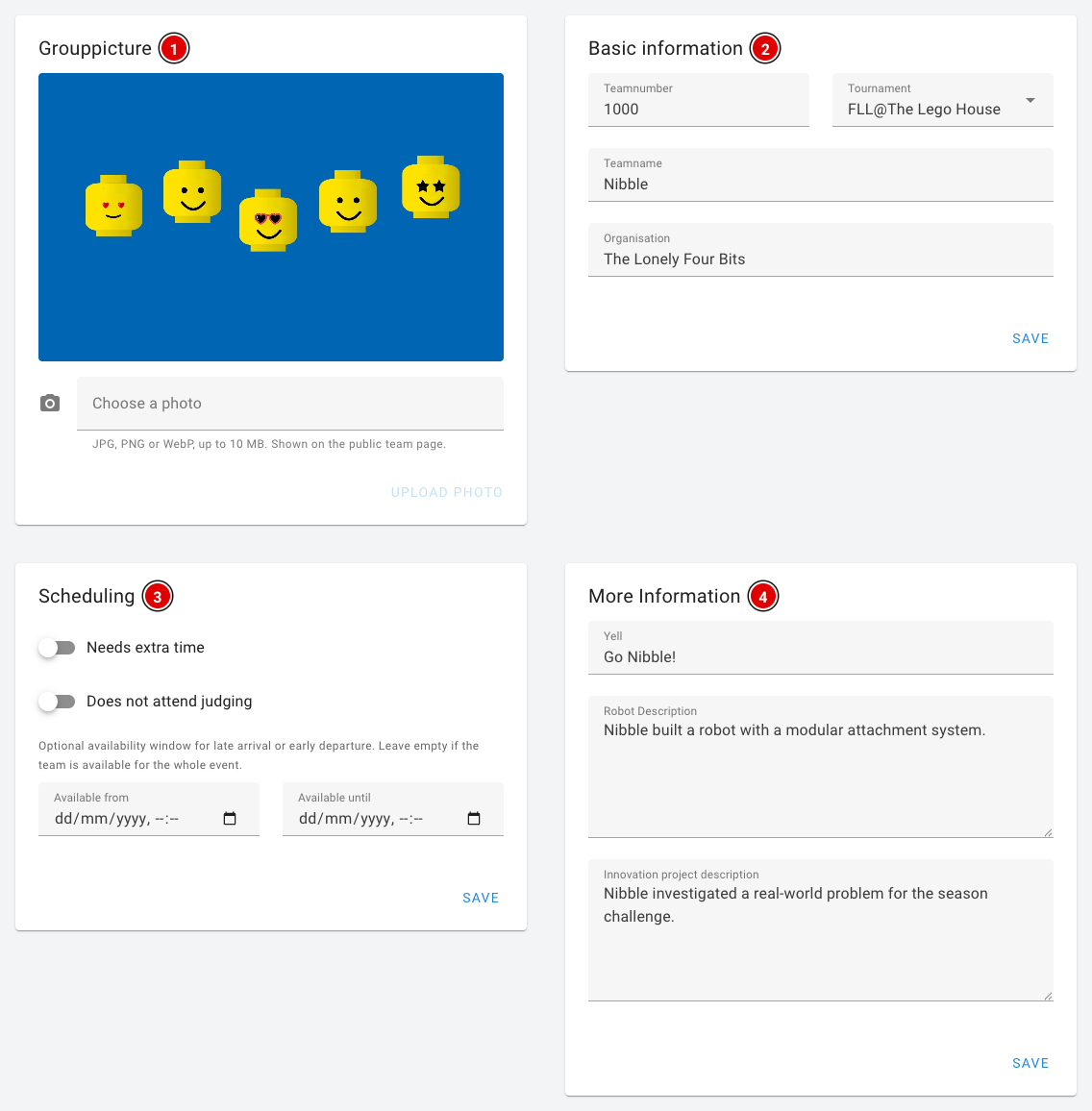 Page de l'équipe avec les blocs Grouppicture, Basic information, Scheduling et More Information