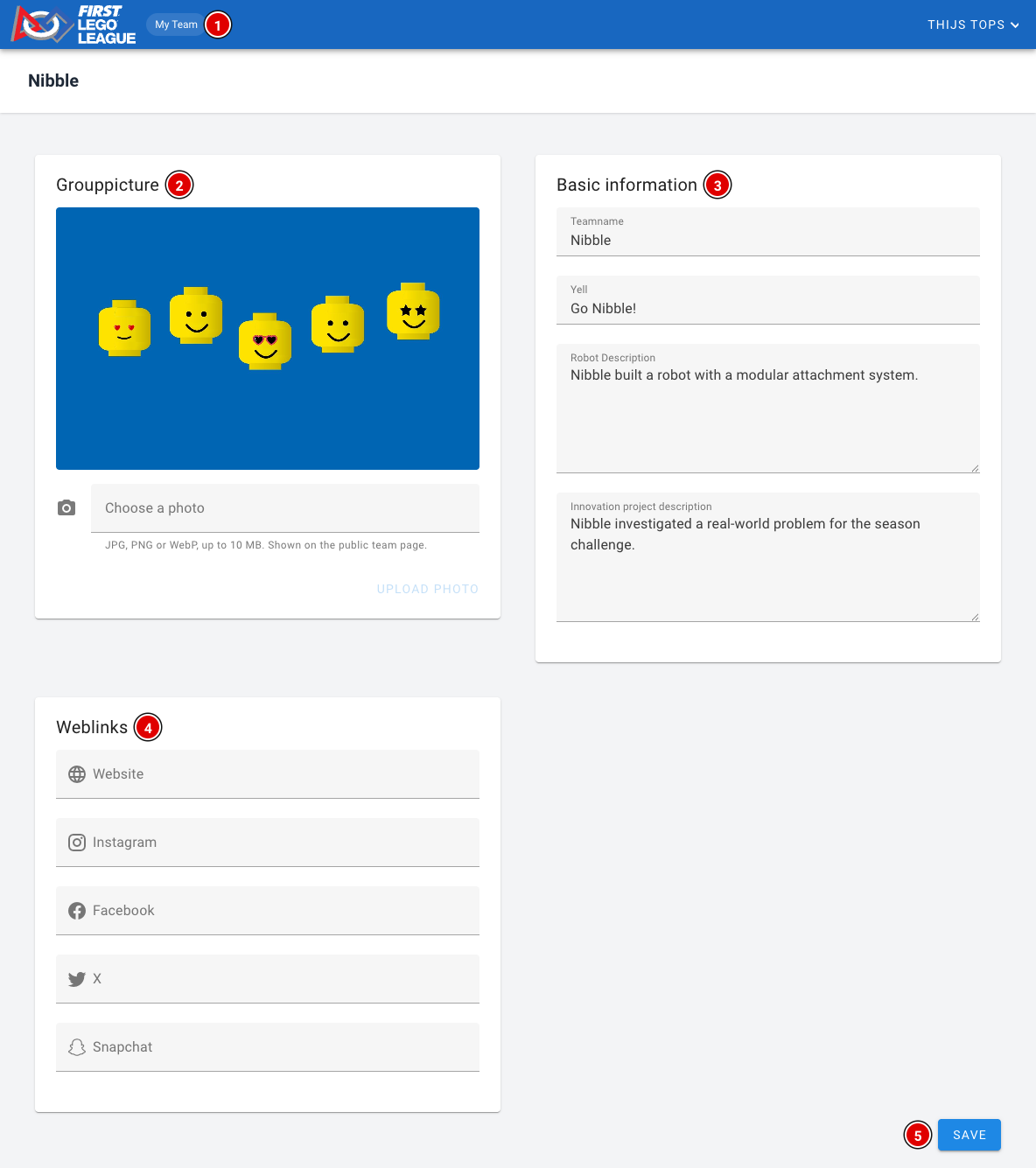 Portail des coachs avec la photo d'équipe, les informations de l'équipe et les liens web