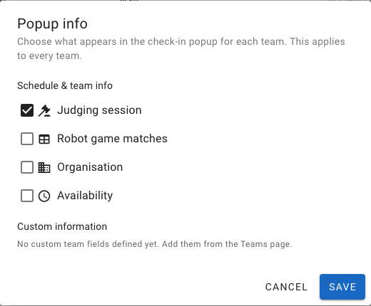 Popup info window with the options for the check-in window