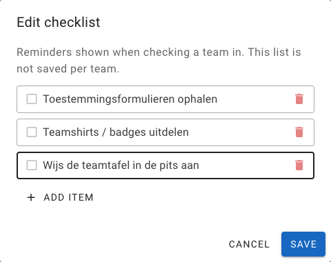 Edit checklist window with example items