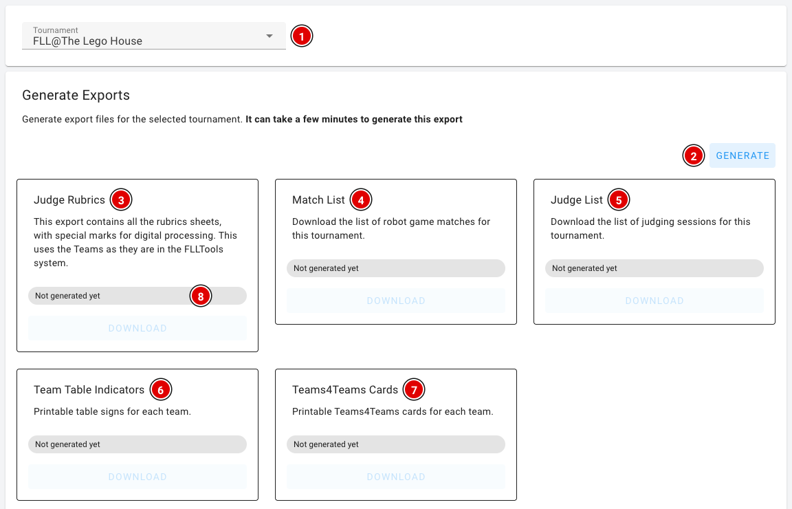 Exports page with the tournament, the Generate button and the export cards