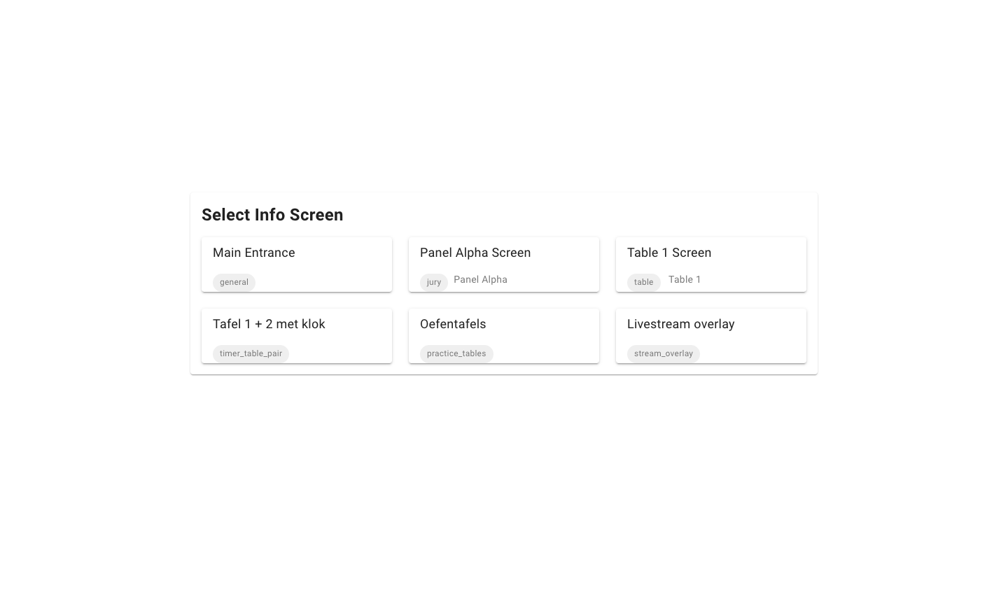Page to choose an info screen