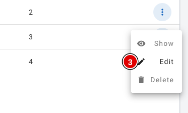 Menu with Show, Edit and Delete