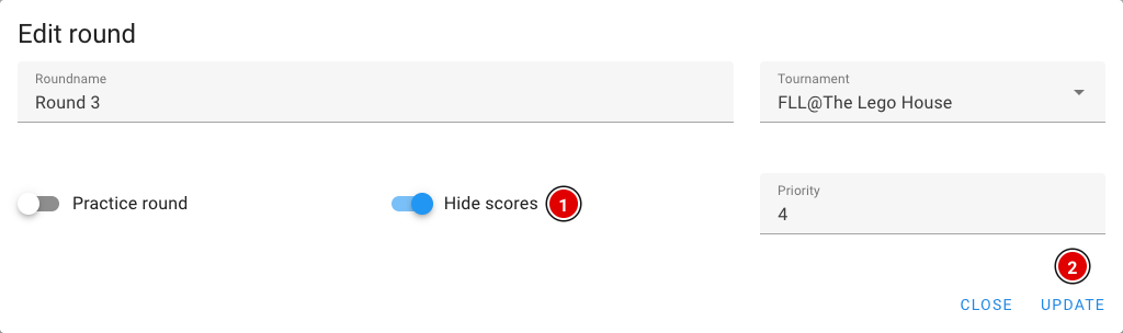 Edit round window with the Hide scores switch