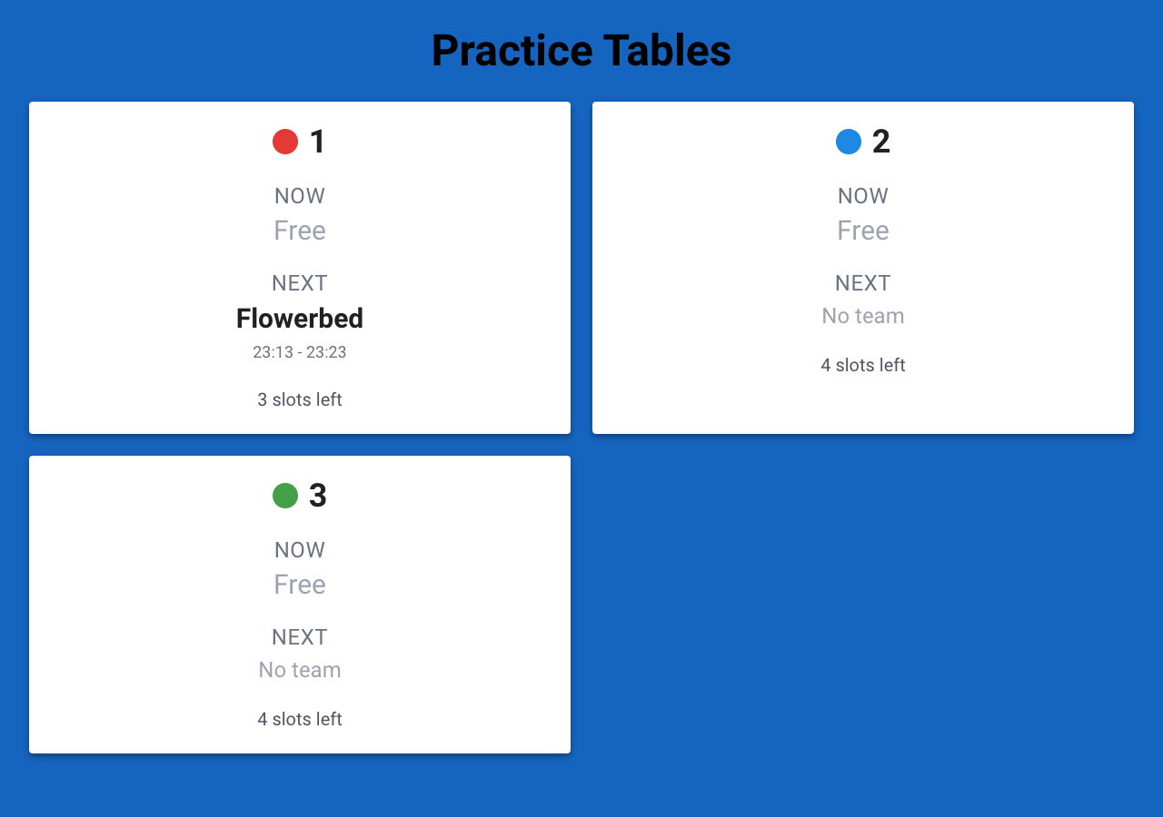 Info screen with the practice tables