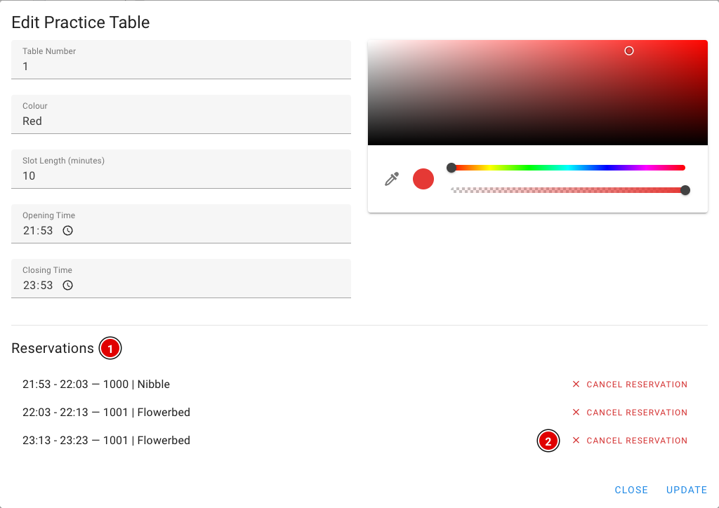 Reservations of a practice table