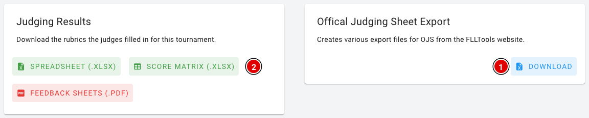 Judging Results and Offical Judging Sheet Export cards on the Exports page