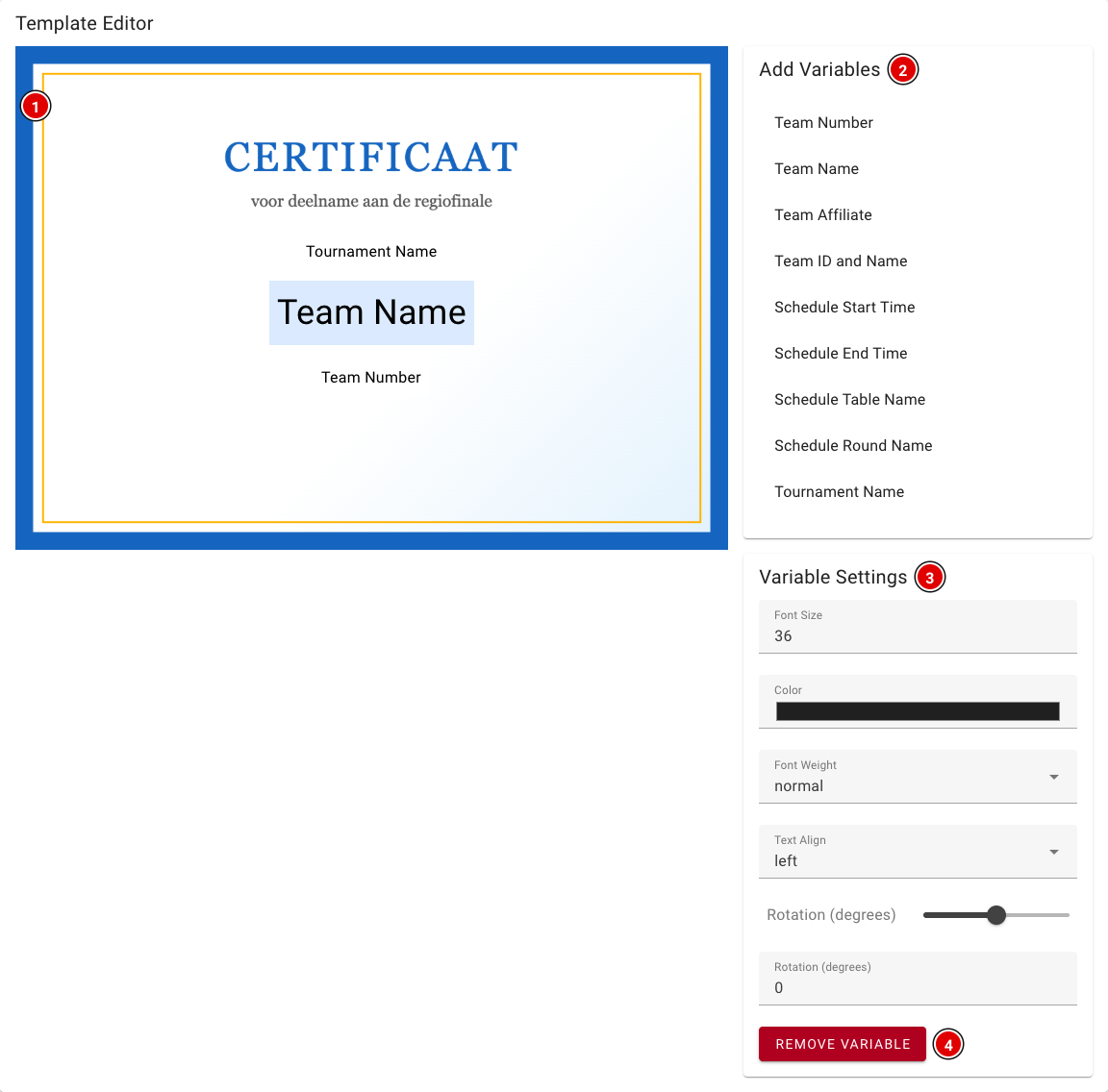 Template Editor with a certificate and placed variables