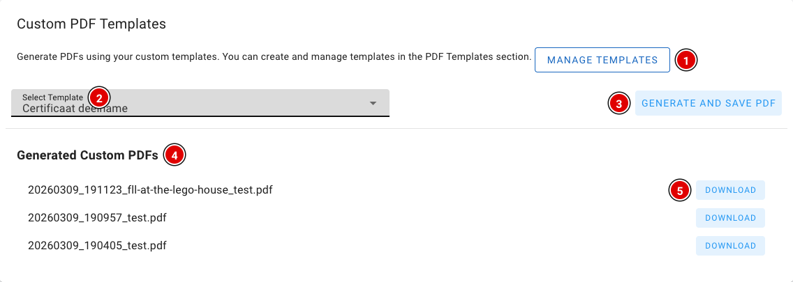 The Custom PDF Templates block on the exports page