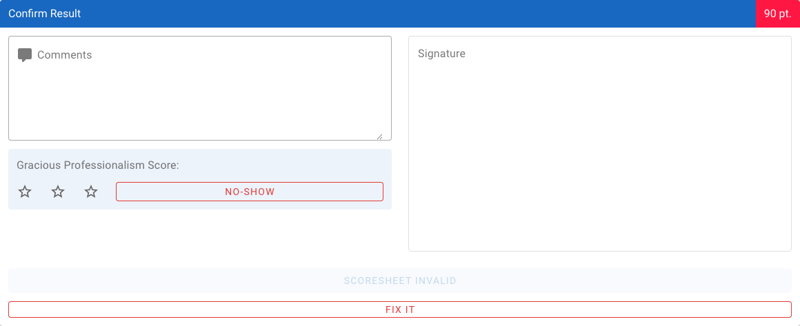 Scoresheet invalid and Fix It buttons