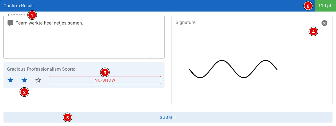 Confirm Result block with comments, GP score, signature and Submit