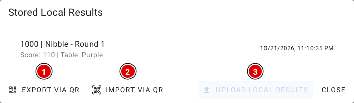 Stored Local Results window with Export via QR and Import via QR