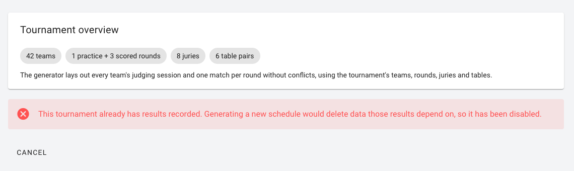 Message that generating is disabled because results already exist