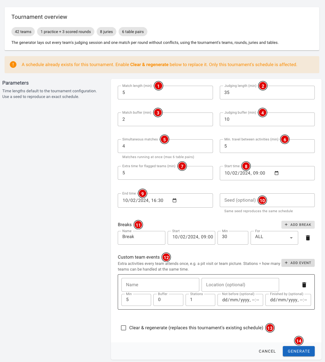 The form to generate a schedule