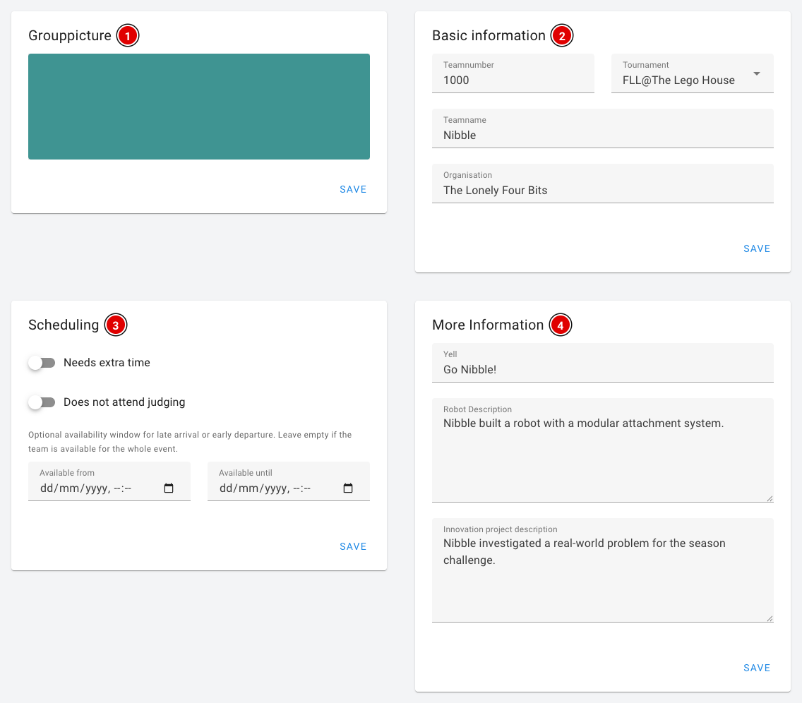 Page de l'équipe avec les blocs Grouppicture, Basic information, Scheduling et More Information