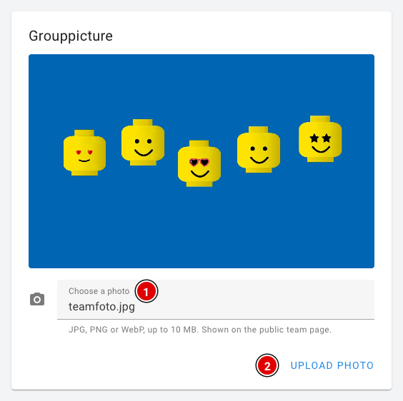Bloc Grouppicture avec une photo sélectionnée et le bouton Upload photo