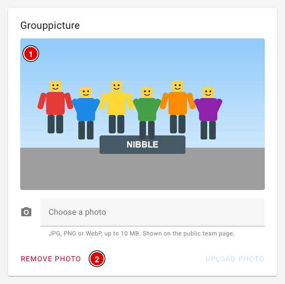 Bloc Grouppicture avec la photo importée et le bouton Remove photo