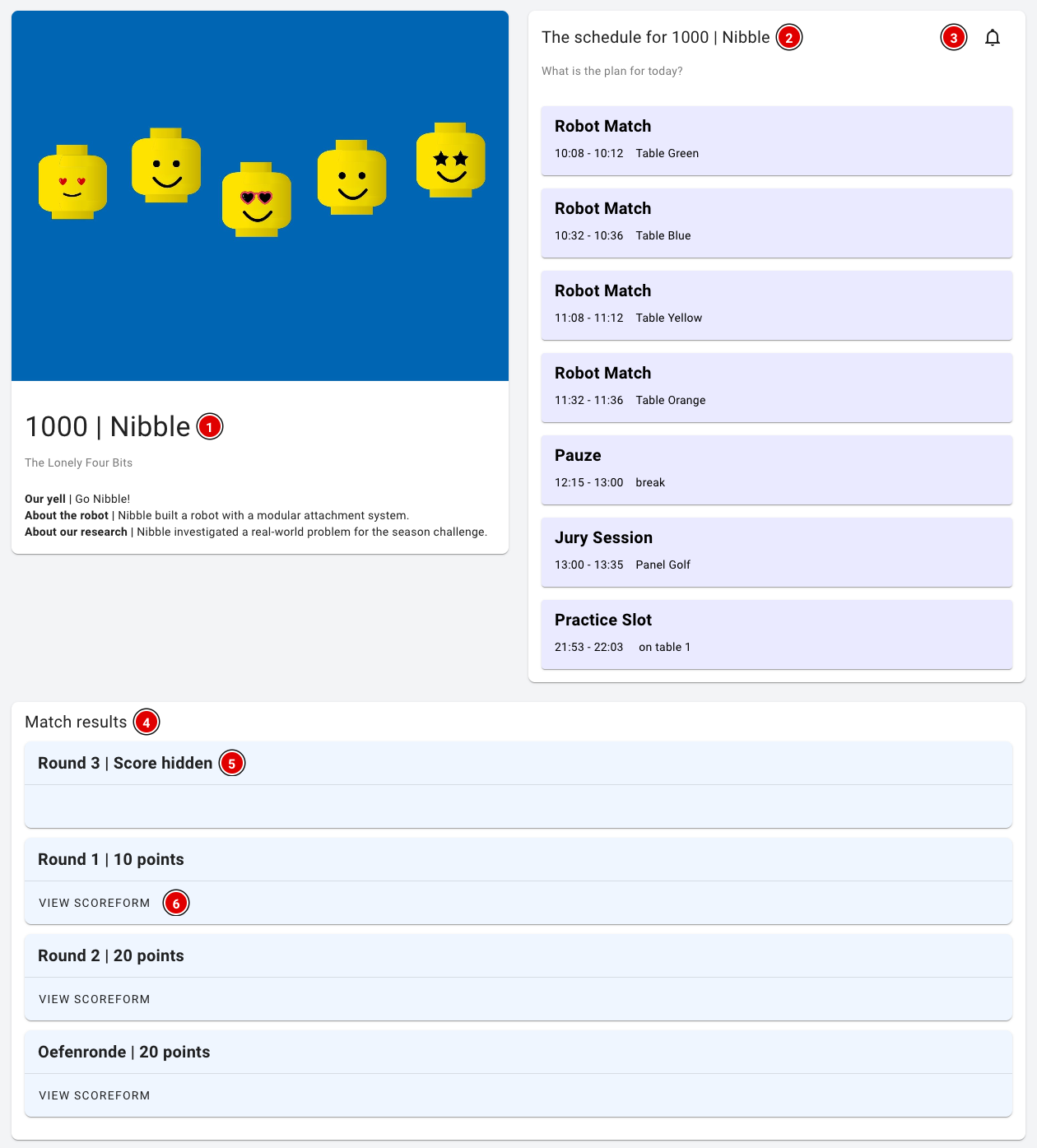 Page publique de l'équipe avec les informations de l'équipe, le planning de la journée et les résultats des matchs