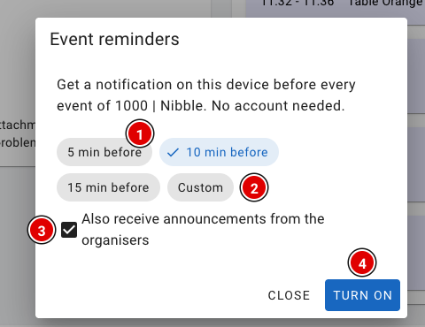 Fenêtre Event reminders avec le choix du nombre de minutes
