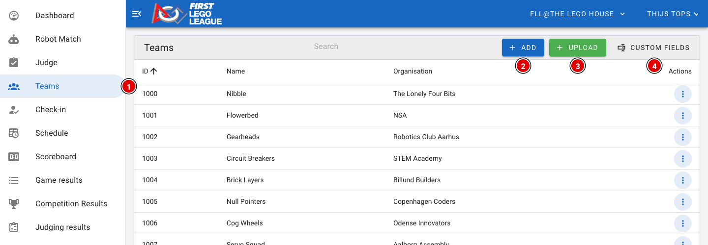 La page des équipes avec les boutons Add, Upload et Custom fields