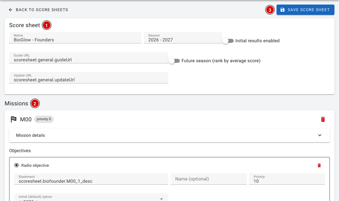 A score sheet opened in the score sheet editor