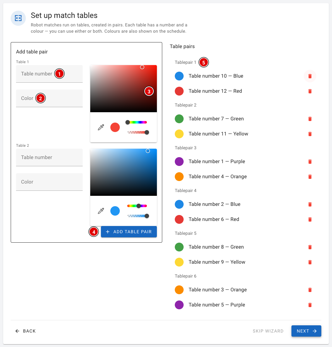 Créer des paires de tables dans l'assistant