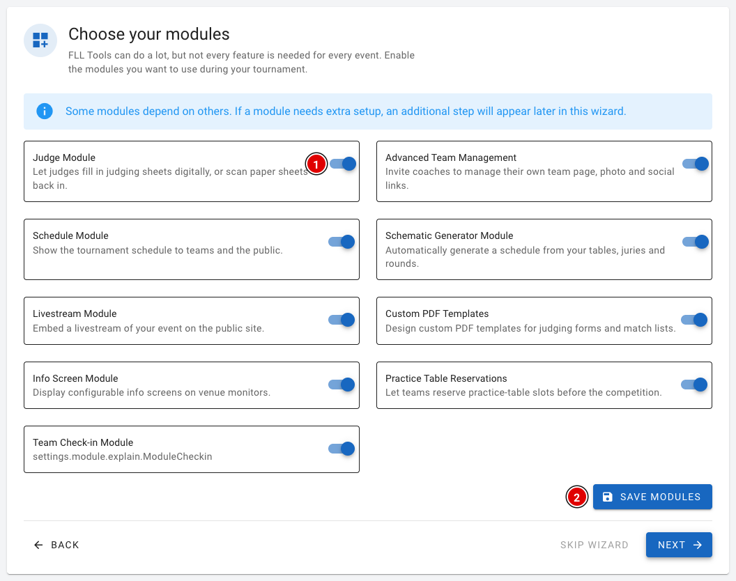 Choisir les modules dans l'assistant